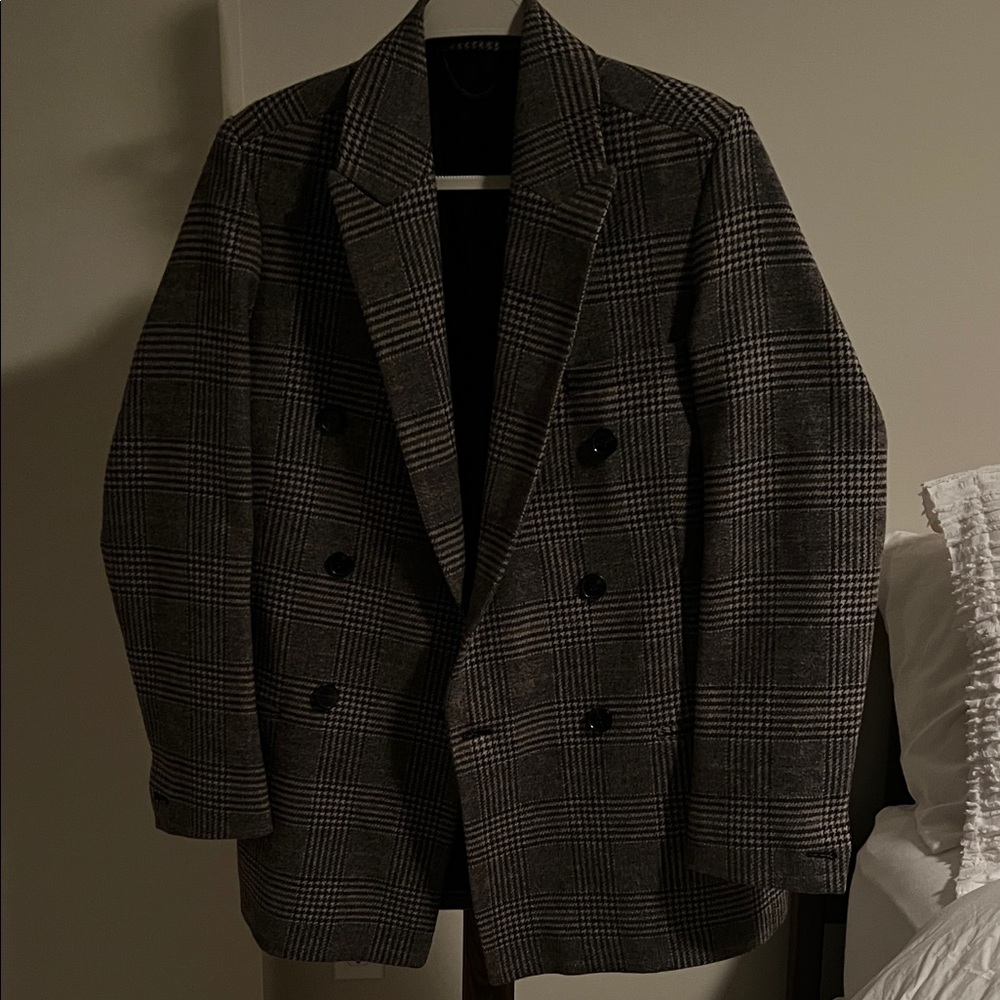 AllSaints Taupe/Brown/Gray Plaid Double-Breasted Blazer - goes with everything!!